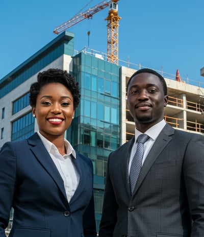 a man and woman standing in front of a building