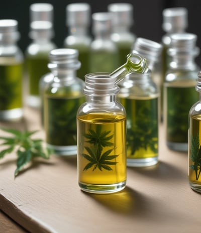 A package labeled 'ALT' is placed on a wooden table surrounded by various potted plants in ceramic and tin containers. The package indicates that it contains cannabis-infused liquid with THC content, and it has a minimalist design with a metallic finish.
