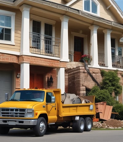 A sunlit patio with terracotta tiles is adorned with cleaning equipment, including a wet and dry vacuum, containers of cleaning solutions, and a pressure washer. A portion of a white car is visible near a hedge-lined driveway, while lush green vegetation and a manicured lawn provide a backdrop.