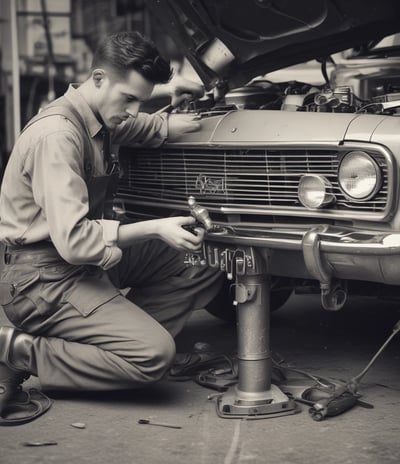 A spacious and well-lit automotive repair shop with several vehicles, including a truck on a lift and another with its hood open. The area is organized with tools and equipment scattered around workstations, with blue car lifts and various service bays visible.