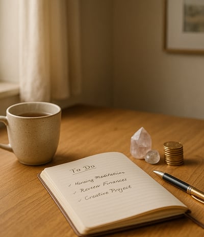 Notizbuch mit To-Do-Liste, Kristallen, Goldmünzen und Teetasse auf einem Holzschreibtisch – Symbol f
