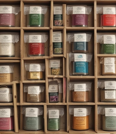 Various types of tea leaves are displayed in containers with labels written in a foreign language, likely Thai. The tea is accompanied by other packaged goods lining the shelves in a small, busy shop with colorful packaging. A person is seen in the background holding a smartphone.