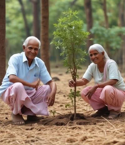 A man and a young child are planting a young tree in a forested area. The man is wearing a plaid shirt and a beanie, while the child is dressed in a blue hat and yellow boots. Gardening gloves and a small trowel are on the ground nearby.