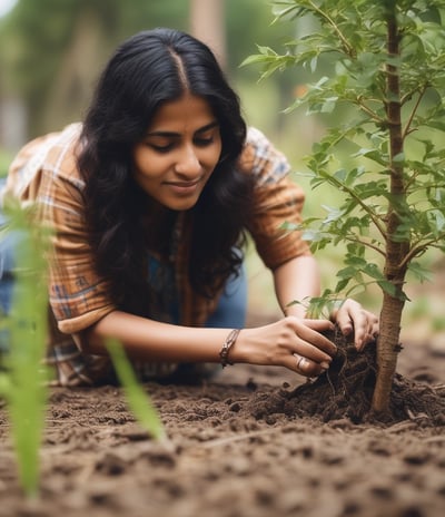 A person crouches outdoors, planting a small sapling in a plastic bag into the soil. The individual is wearing a floral patterned top and a red skirt, with a focused and content expression. The background consists of trees and natural surroundings.