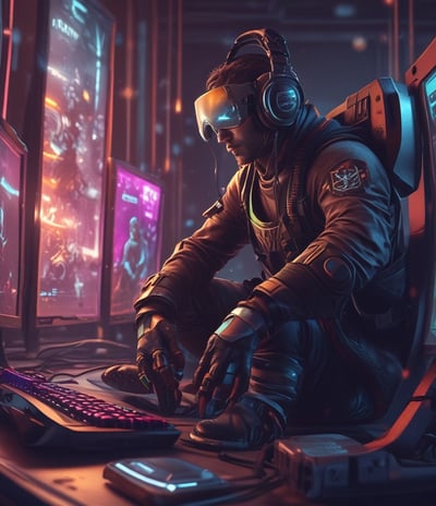 A man with glasses is sitting in a gaming chair, focused on a monitor in front of him. He is wearing a black and red esports jersey with various logos. The background features a large banner with text and numbers in bold fonts.