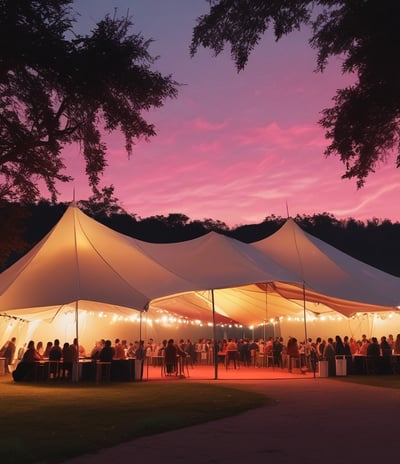 An outdoor event space is decorated with draped white fabric, tables, and chairs under a canopy. Green lighting illuminates the surrounding greenery, creating a vibrant atmosphere. Several people are visible in the background, suggesting a social gathering.