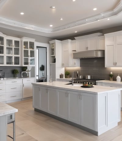 A modern kitchen or dining space featuring wooden cabinetry with clean lines. The countertop is adorned with white bowls placed on black napkins, along with a long, decorative platter. The background includes textured wall tiles and decorative vases, adding a sophisticated touch.