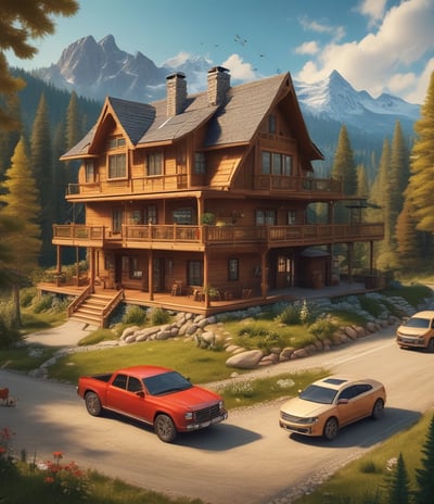 A partially constructed two-story house is situated amidst tall pine trees. The building features an unfinished concrete exterior and a roof with dark shingles. The surrounding area is covered with soil and scattered vegetation, creating a natural, woodland setting.