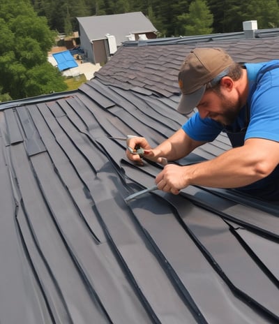 A person wearing a wide-brimmed straw hat is working on repairing or inspecting a roof made up of traditional grey tiles. The roof tiles are arranged in an overlapping pattern and show various shades of grey, with patches of moss or discoloration.