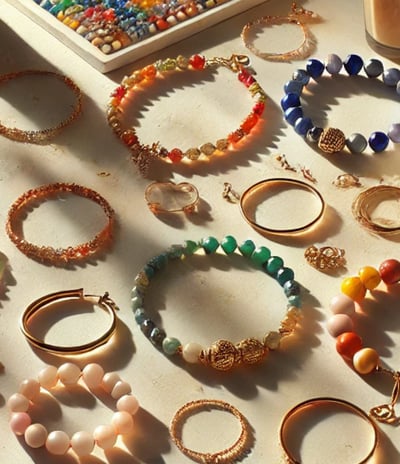 beaded jewelry with the sun shining on them