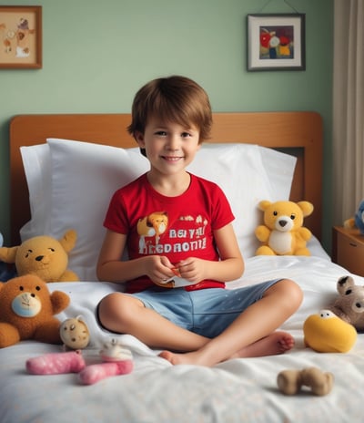 A young child wearing a diaper is sitting on a bed with their back facing the camera. Surrounding the child are several plush toys, including a large blue elephant, a brown teddy bear, a doll wearing a purple hat, and a small gray elephant. The setting appears to be a cozy bedroom with soft lighting and a crib visible in the background.