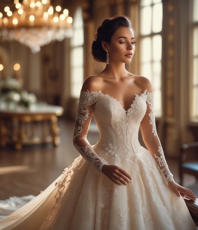 a woman in a wedding dress with a long sleeved dress