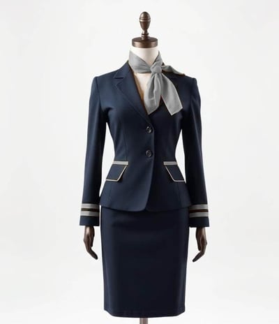 Traje de azafata azul marino con motivos grises, puesto en un maniquí con fondo blanco