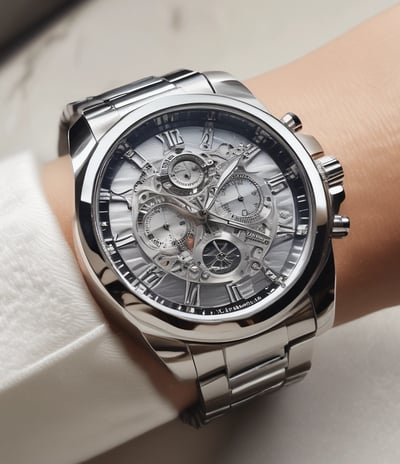 A luxury wristwatch with a metallic strap and a deep blue bezel. The watch face features clear hour markers and minute indices, with the brand name visible on the dial. The lighting emphasizes the sleek design and shiny surfaces.