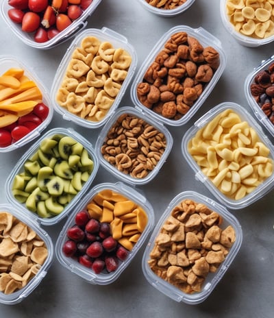 A selection of three colorful trays is filled with a variety of healthy snacks, including orange slices, nuts, seeds, and a measuring tape is artfully draped across them, suggesting themes of dieting or nutrition.