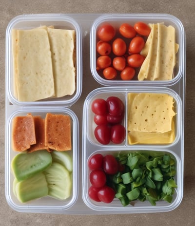 An assortment of meal prep containers with a variety of foods including grilled chicken with a lemon slice, zucchini noodles, and a dish with sauce over greens. Surrounding these are ingredients like fresh Swiss chard, a red onion, eggs in a carton, garlic cloves, and a small bowl of olive oil with a sprig of rosemary.