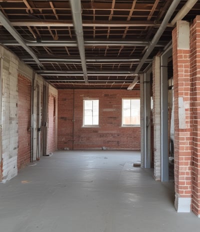 A construction site with a large, metallic building featuring the CSCEC logo and Chinese characters on it. Surrounding the building are tall apartment complexes in the background. Signs are visible, including one indicating an exit with English and Chinese text, and several informational signs in Chinese.