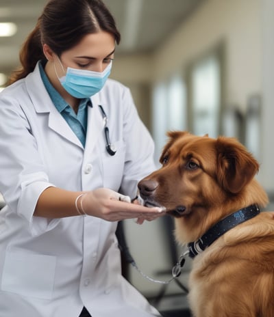 A pet store window display featuring various pet products such as scratching posts, pet food, and toys. The signage above the window has a playful design with colorful letters and a cat face within a letter. There is a poster on the door advertising a promotion. The weather appears overcast with some reflections on the wet pavement.