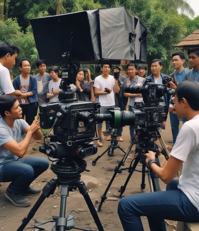 A group of people are involved in a filmmaking or video production setting. One person is holding a professional camera setup, complete with a monitor and various accessories. They appear focused on the camera's screen. In the background, there is a black backdrop, a bookshelf, and some lighting equipment.
