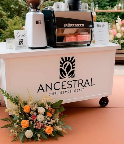 Ancestral on Wheels mobile coffee cart set up for a specialty coffee experience at an event in NY