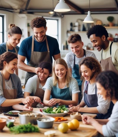 A group of children and adults are gathered around a long table, each preparing and assembling pizzas. The focus is on the many small hands working with dough and toppings. The scene suggests a fun and collaborative cooking activity.