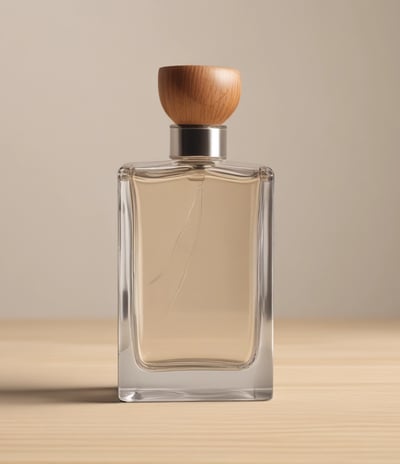 A sleek, modern perfume bottle with a transparent section showing light blue liquid, surrounded by delicate flowering branches. The design is minimalistic and elegant, suggesting luxury and sophistication.
