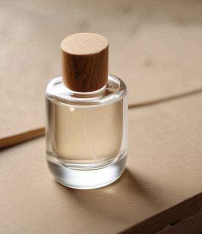Two elegant glass perfume bottles with gold lids are standing side by side on a wooden surface. Each bottle is adorned with a leather strap around the neck, one in white and the other in tan. A small pink rose and some greenery serve as a decorative background, adding a touch of delicacy to the scene.