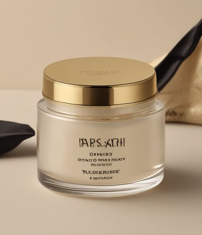 A small, transparent cosmetic jar with a golden lid, positioned in the center against a plain white background. The jar contains a cream and has black text on it detailing the product's name and features.