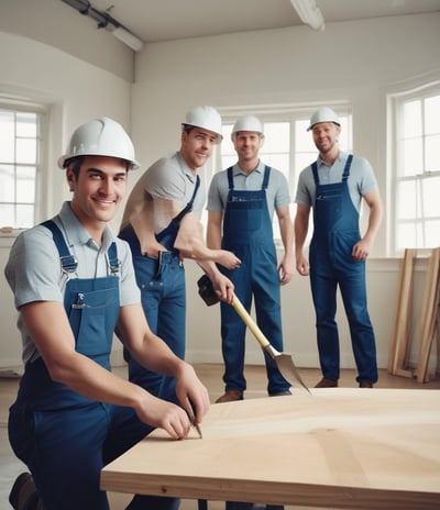 A two-story house under renovation with new brickwork being added. A black tarp covers construction materials in the foreground, surrounded by wood and other building materials. The house features a light brown exterior with two windows on the upper floor, white-framed doors, and a partially completed extension on the ground floor.