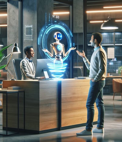 a man standing in front of a desk with a robot