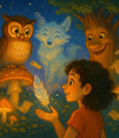 a girl holding a feather talking to an owl