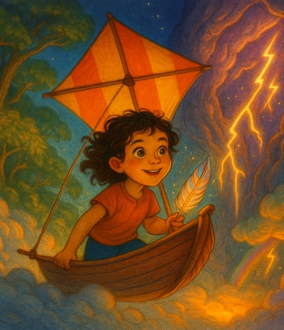 a young girl is flying a kite kite in the sky