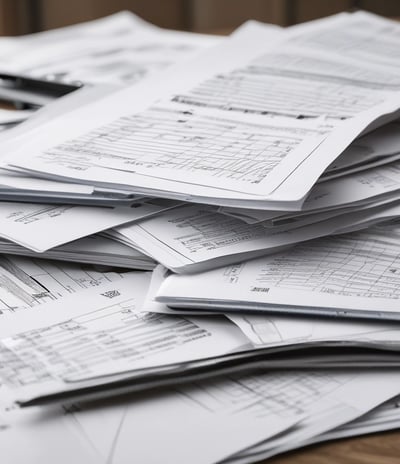 A tax form labeled Form 1120 sits on a wooden table. A black pen rests on the form, and a gray zippered pouch is partially visible beside it.
