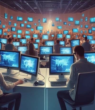 A conference room setting with several laptops on a large table, each being used by a person. A large screen displays a blue interface with the text 'Generate ad creatives from any website with AI'. A stainless steel water bottle and a conference phone are also visible on the table.