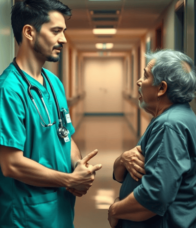 a nurse and a old patient in scrubs standing in a hospital hallway