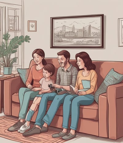 a image of a family siting on the couch watching tv