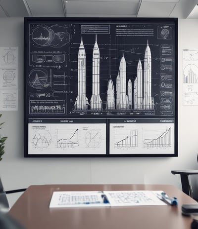 A woman with long hair is writing on a whiteboard. She is using sticky notes and markers to organize and plan a strategy. The board has various handwritten notes and symbols related to marketing and digital education.