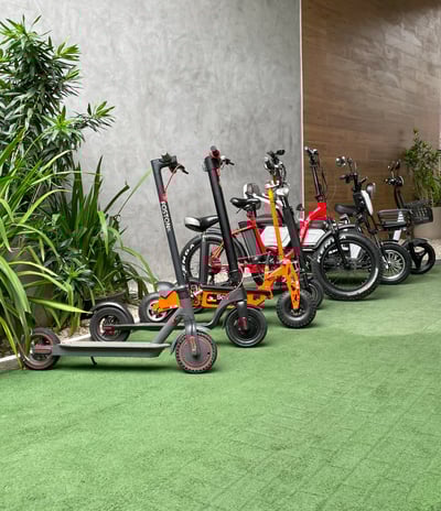 a row of scooters with scooters and scooters