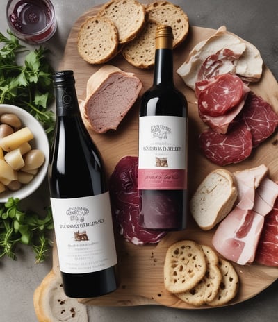 A wooden cutting board displaying a selection of charcuterie including sliced salami, cheese, prosciutto, olives, and small mozzarella balls skewered together. Next to the board is a bottle of Ruffino Prosecco, all set on a fluffy white surface.