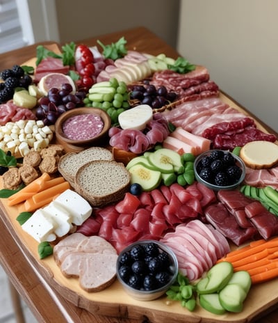 A wooden board with an assortment of cured meats including sliced salami, prosciutto, and other types of thinly sliced deli meats. The meats are arranged neatly on the board, showcasing a variety of red and pink hues with marbled fat.