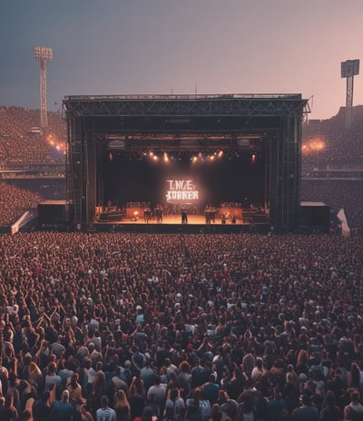 A large outdoor event setup with a grassy archway entrance leads to a stage area. Rows of red and blue chairs are arranged neatly in front of the stage. The surrounding area includes green hills and a clear blue sky. Welcome banners featuring photographs are placed at the entrance, and colorful tents are seen on the sides.