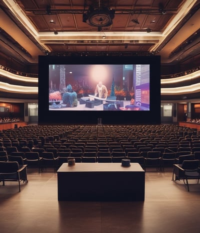 An outdoor event setup with rows of white and black chairs arranged in front of a stage. A large sign on the stage reads 'Festival of creative industries' with a date '09.09'. The venue is surrounded by modern architecture with large windows and a brick building visible in the background. Plants and trees add a natural touch to the urban setting.