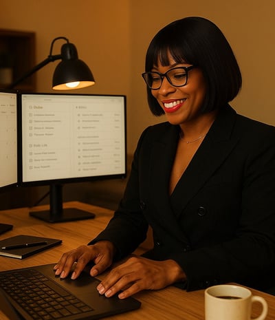 a woman sitting at a desk with a laptop computer