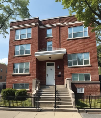 Bronx multi family brick building with a white door and stairs