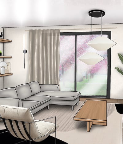 Dessin d'aménagement d'un salon de style Japendi