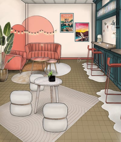 Dessin d'un café girly dans les tons rose et bleu orage
