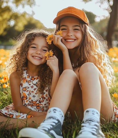 Dos niñas de 11 y 6 años sentadas en el pasto con margaritas amarillas en las manos. 