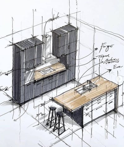 Un croquis d’une cuisine avec une table et des tabourets