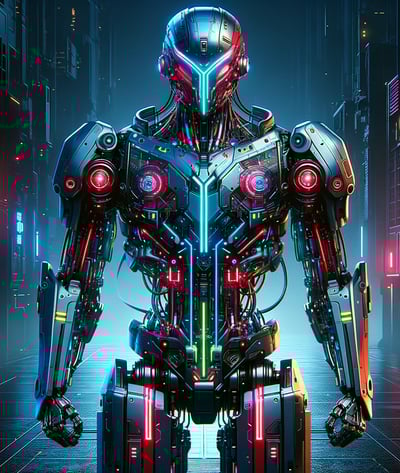Futuristic cybernetic robot with neon lighting details in a sci-fi urban environment.