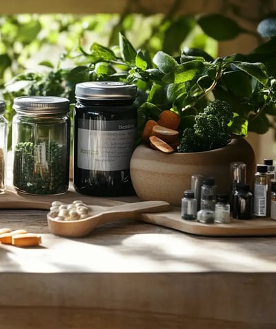 a variety of jars of various types of herbs